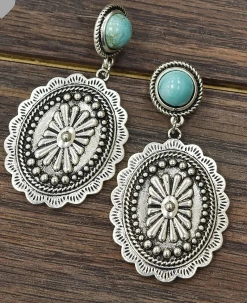 Indian Wedding Stone Earrings for Women Bohemia Geometric Statement Ethnic Retro Turquoise Pendant Jewelry