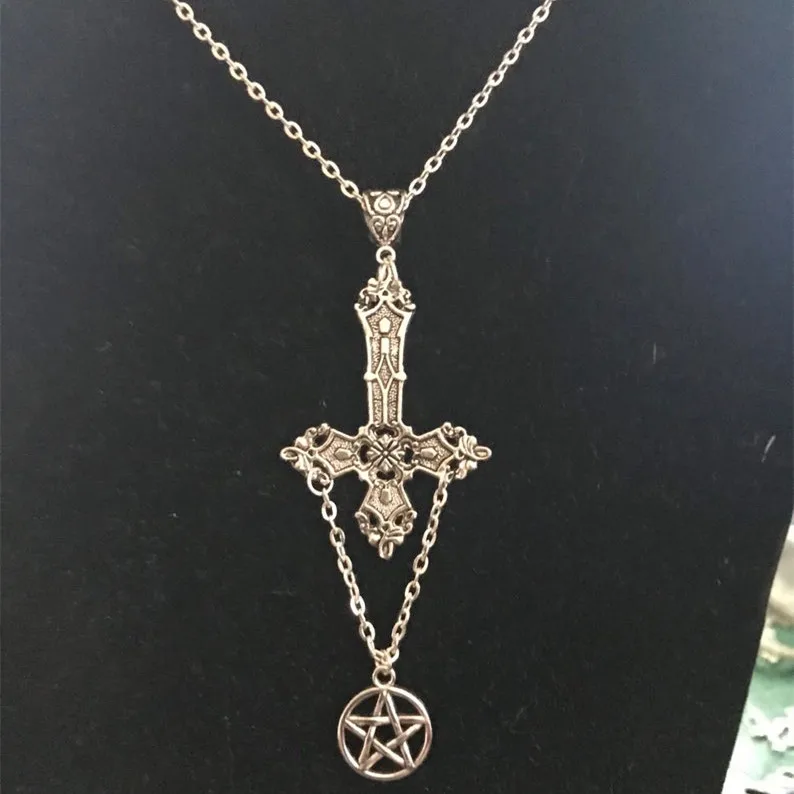 Gothic Inverted Cross Pentagram Necklace Satanic Occult Alternative Grunge Jewellery Statement Down Cross Punk Men Women Gift