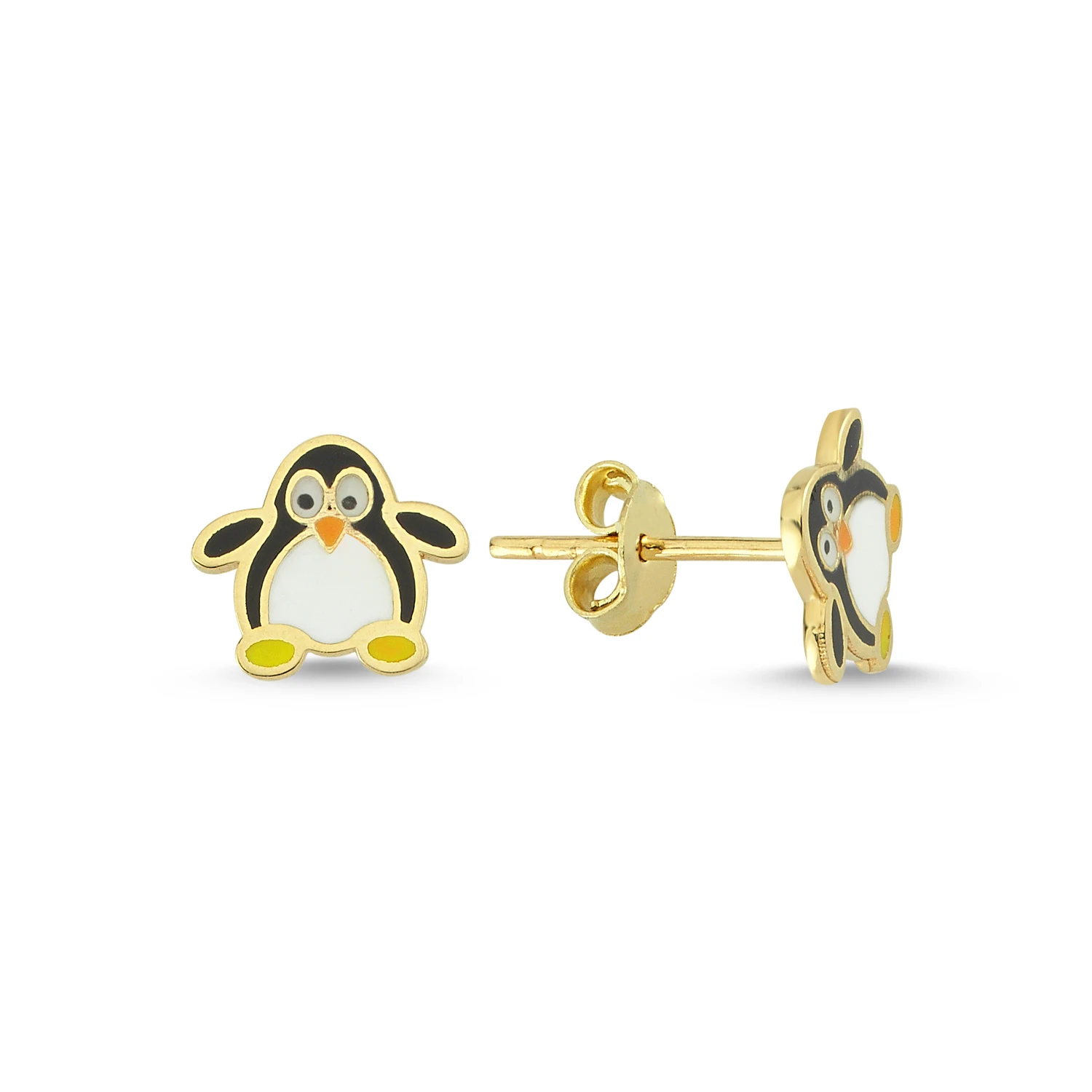 14K Real Gold Enamel Penguin Baby and Children Stud Earrings