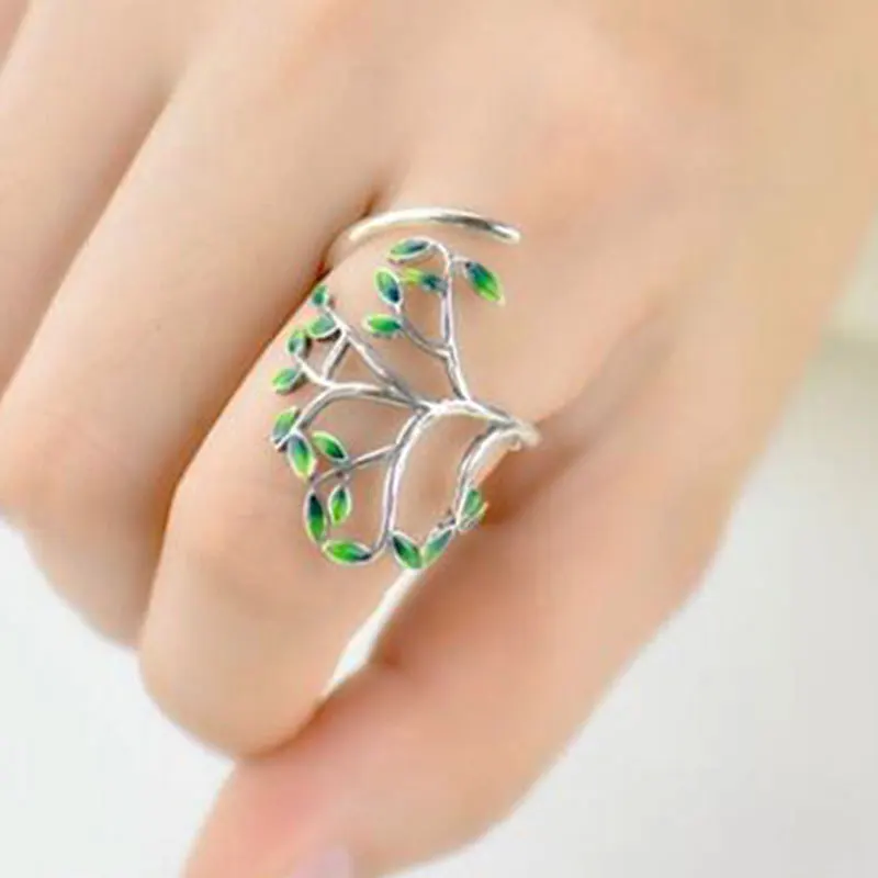 HUAMI Green Branches Leaves Ring Open Finger Adjustable Hand Drip Glaze Fashion Female Trendy Rings for Women Party Gift Girl