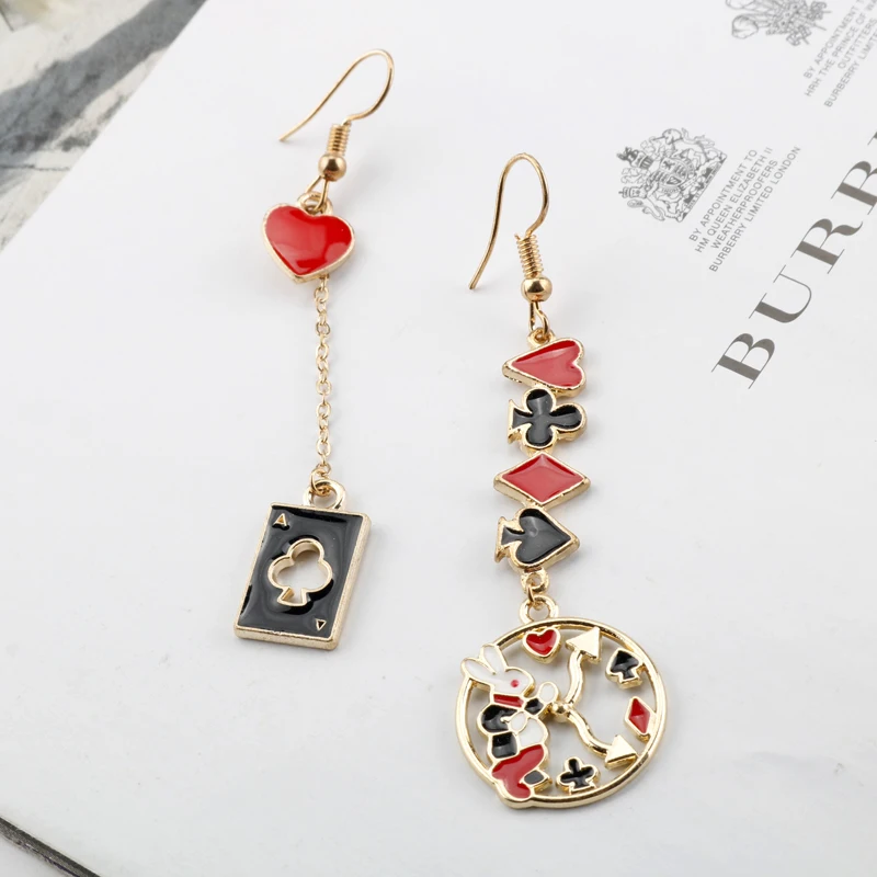 Cute Romantic Fantasy Alice in wonderland Metal Enamel Rabbit Clock Poker Cartoon Icon Party Fashion Jewelry For Girl Women Gift