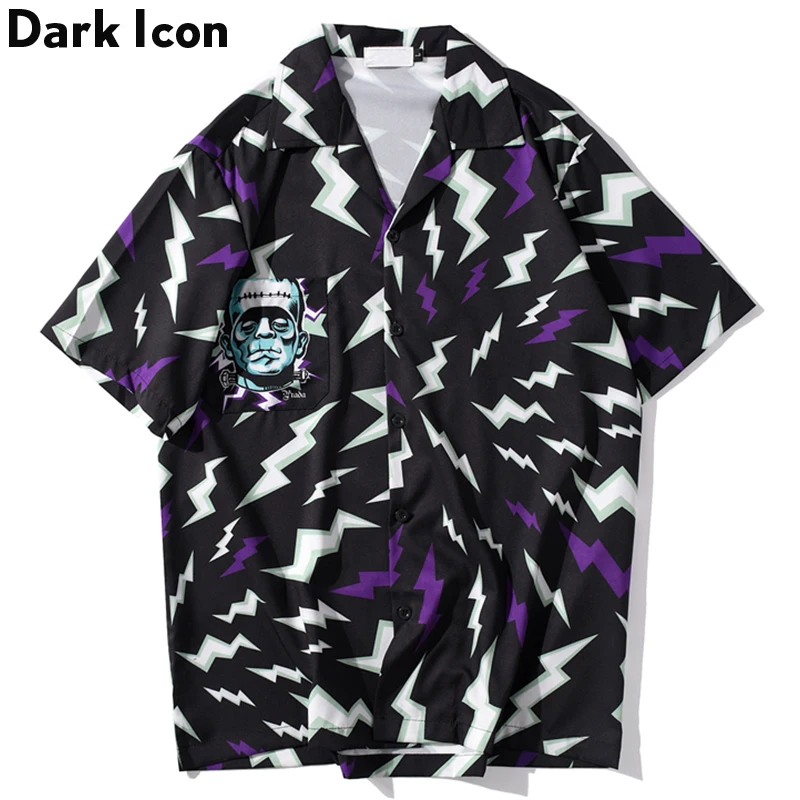 

Dark Icon Lightning Printed Hip Hop Shirts Men 2020 Summer Harajuku Oversized Shirt Loose Long Sleeve Blouse For Man