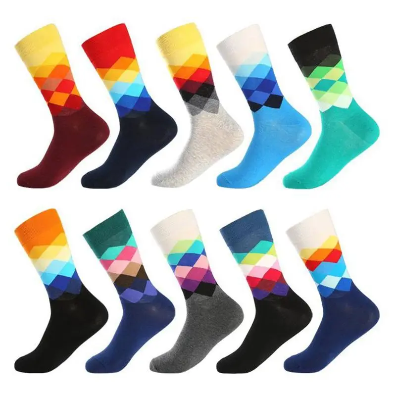 Happy Hippy Skateboard Socks Man Spring Autumn Fashion Colorful Geometric Diamond Socks Streetwear Popular Men Sports Socks