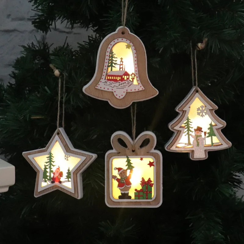 Christmas Lighted Wooden Pendant Christmas Tree Bell Gift Star Design Hanging Pendant Merry Xmas Tree Hanging Ornament Wholesale