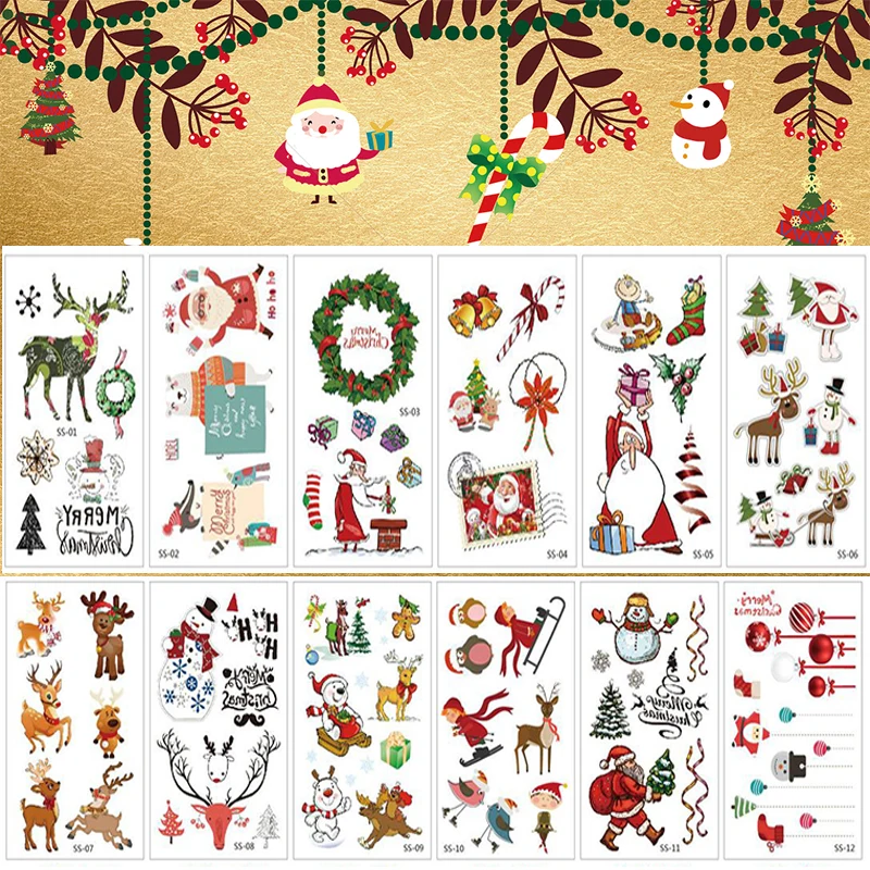 100 Piece Fake Temporary Tattoo Sleeve Girl Boy Woman Cartoon Santa Elk Body Arm Cute New Year Christmas Waterproof Sticker