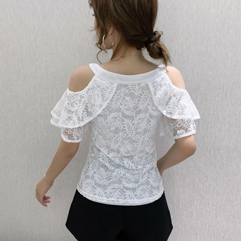 Summer Korean Clothes T-shirt Sexy Off Shouder Bowknot Lace Ruffles Women Tops Ropa Mujer Ruffle Sleeve All Match Tees T06214