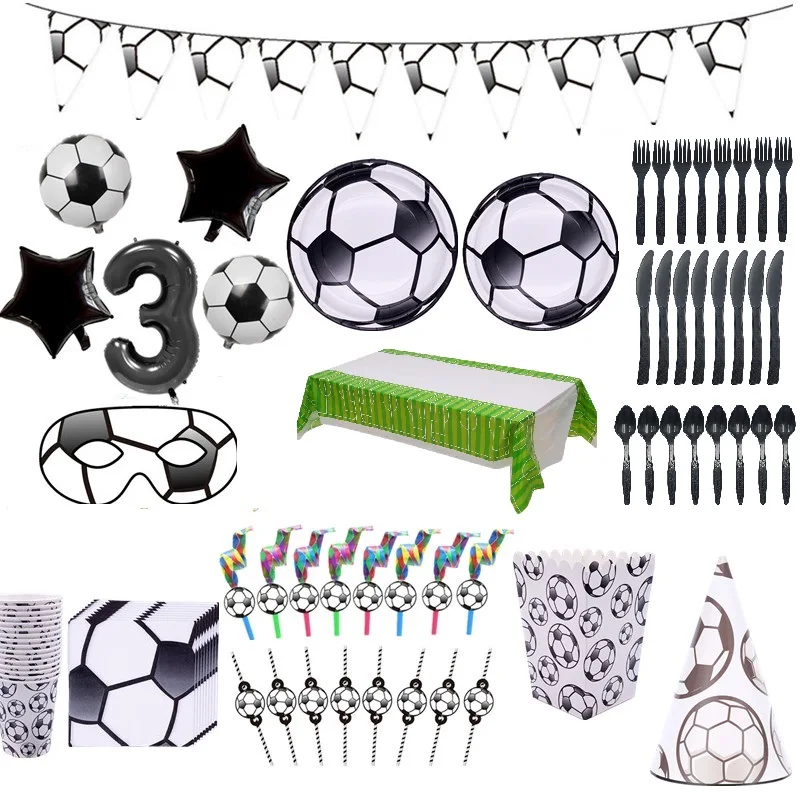 Soccer Football Theme Decoration Birthday Disposable Party Tableware Set Paper Plates Cups Candy Bag Box Kids Boys Baby Shower