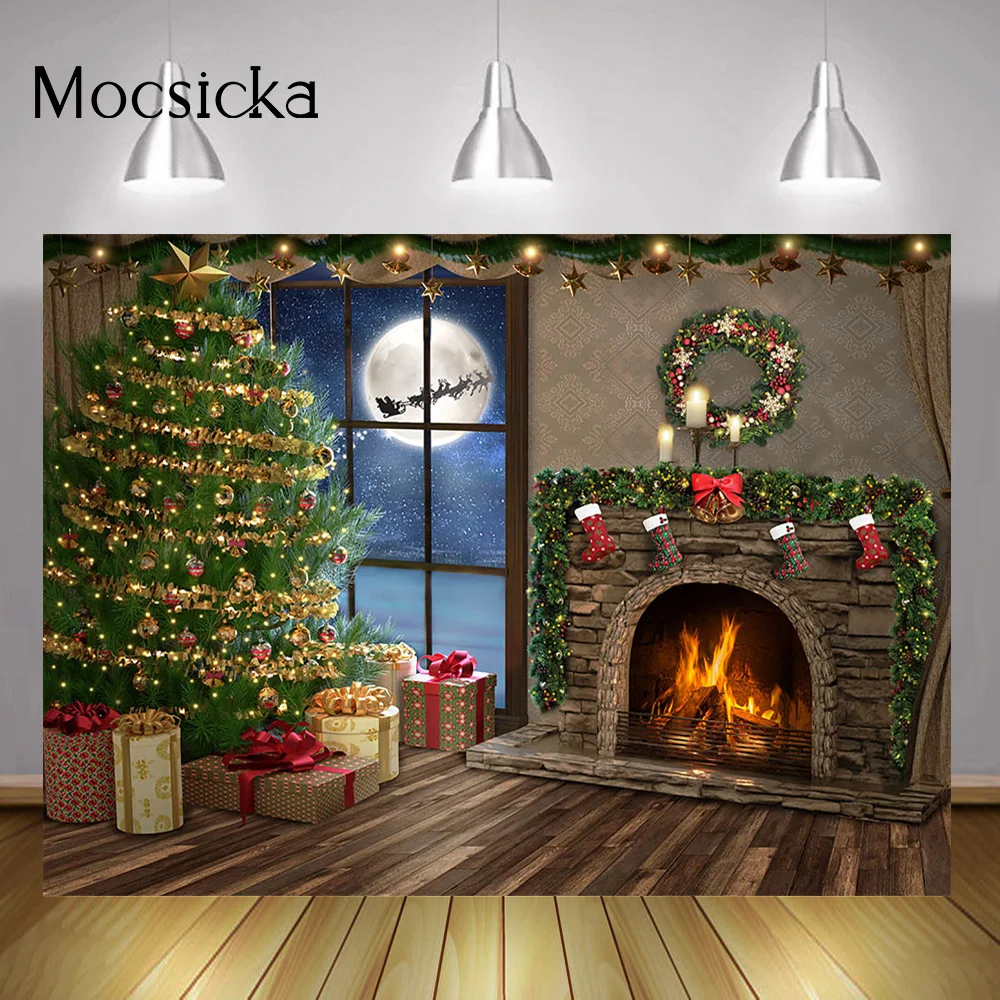 

Christmas Night Fireplace Backdrop Decoration Winter Window Big Full Moon Wonderland Photo Christmas Trees Gifts Toys Background