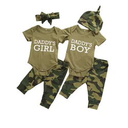 2022 Toddler Newborn Baby Girls Boys Clothes Set Camouflage Short Sleeve Letter Printed Bodysuit Tops Pants Baby Clothes Summer