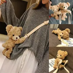 Women Cross Body Messenger Bag Small Handbag Shoulder Tote Satchel Retro Funny Girls Cute Smile Bear Plush Doll Lolita Handbag