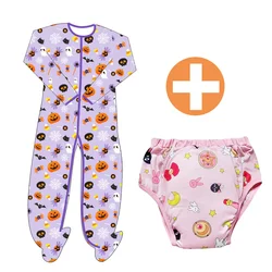 2pcs Purple Candy Pumpkin printed bodysuit with foot /adult onesie/ Waterproof Cotton Adult Training Pants Reusable ddlg diaper