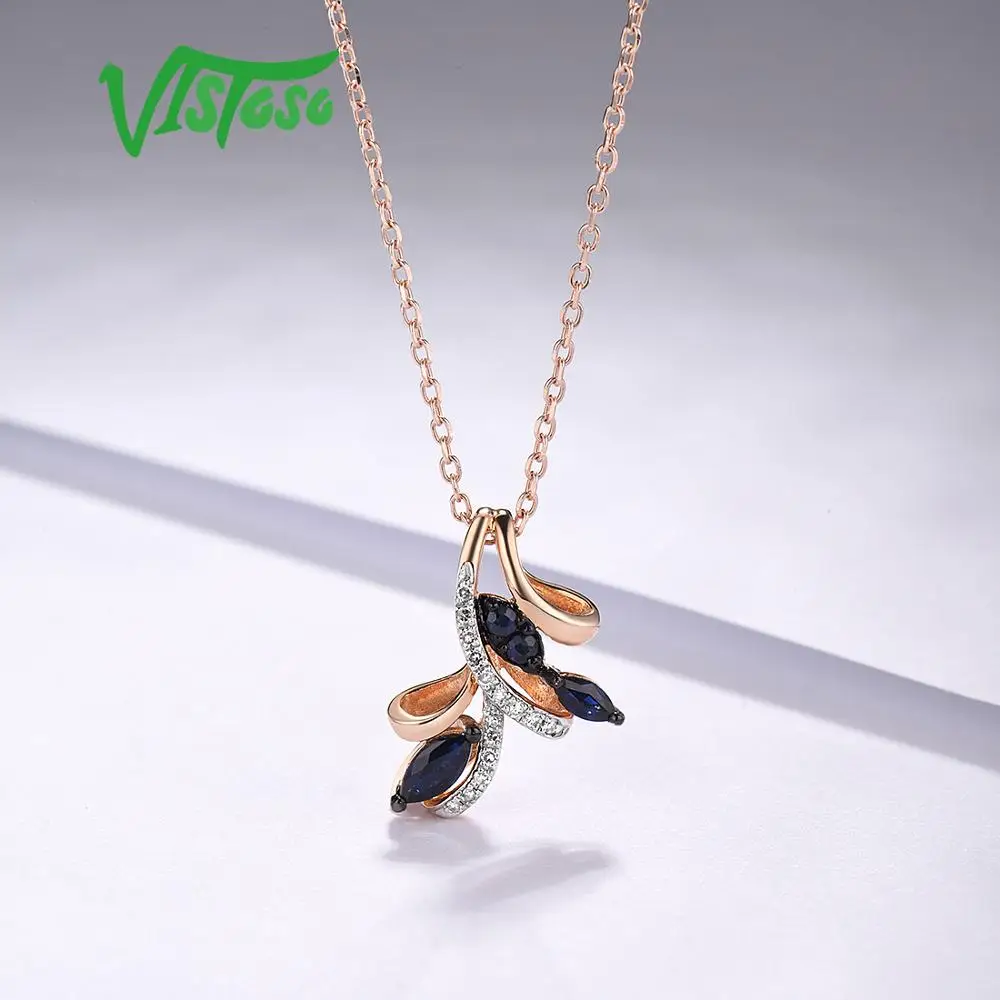 VISTOSO Gold Pendants For Women Authentic 14K 585 Rose Gold Sparkling Blue Sapphire Diamond Elegant Wedding Band Fine Jewelry