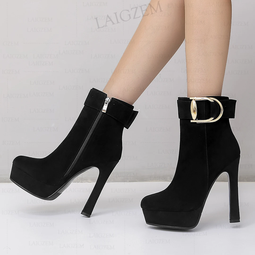 LAIGZEM Women Ankle Boots Real Suede Platform Side Zip Up 13CM High Heels Short Booties Ladies Shoes Woman Big Size 33 36 39 40