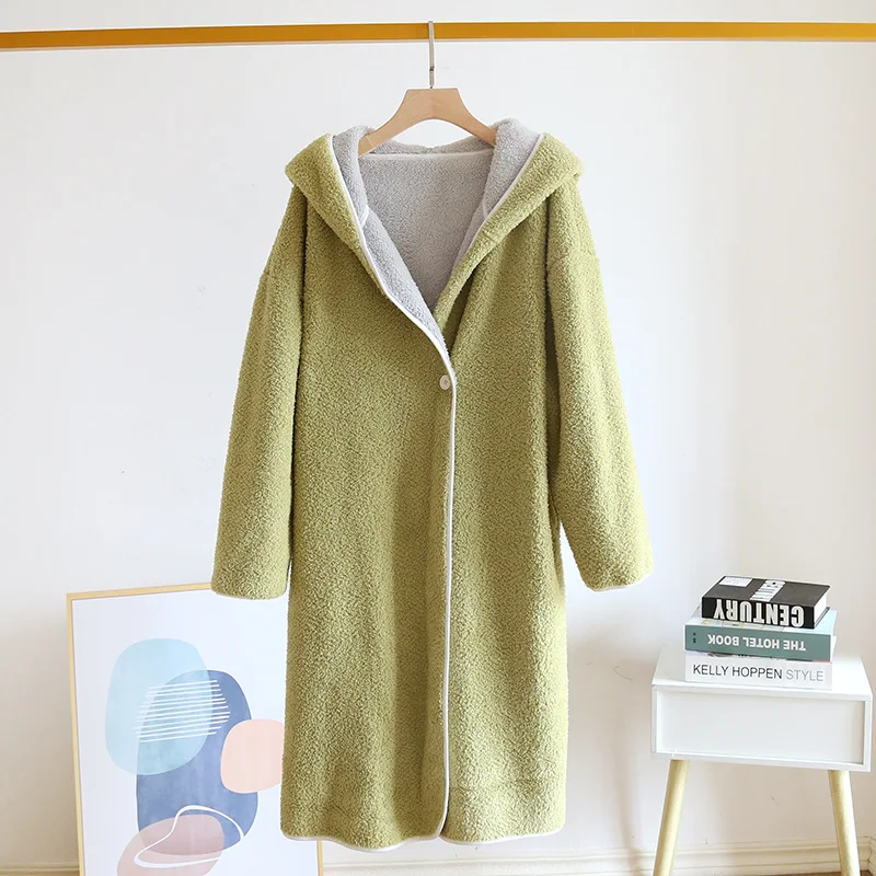 Fdfklak Soft Lamb Wool Thick Warm 2021 Winter New Hooded Mid-Length Bathrobe Single Button Design Dressing Gown Robes