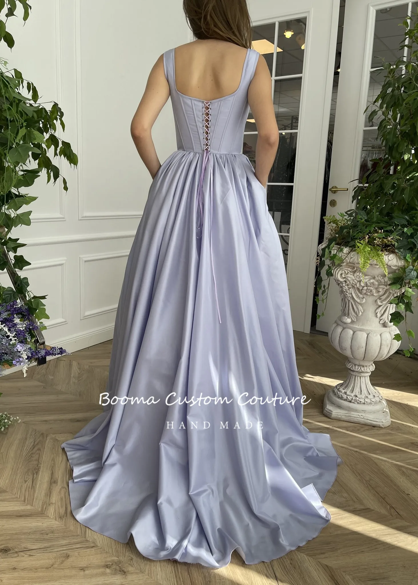 Booma 2021 Lilac Taffeta Prom Jurken Vierkante Hals Hoge Split A-lijn Avondjurken Met Zakken Lace Up Maxi Party jassen