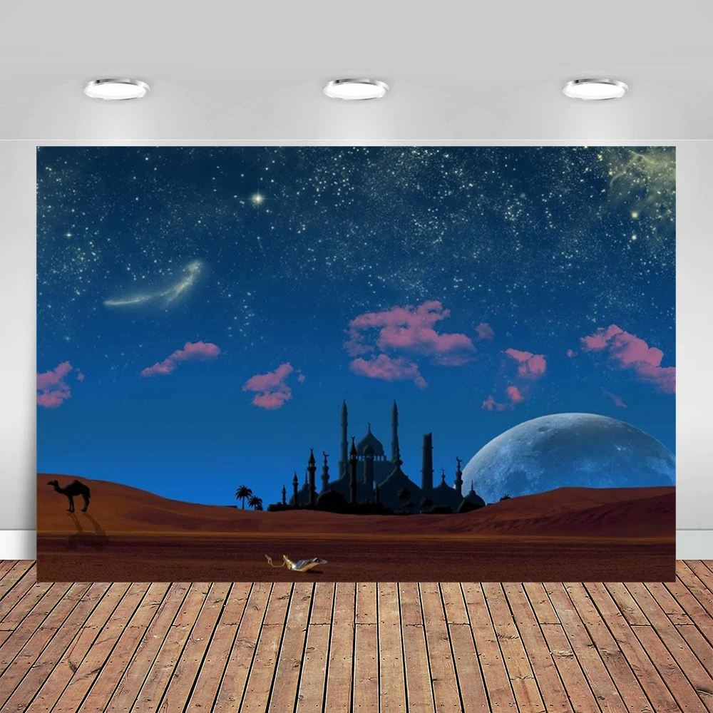 Magic Aladdin's Genie Lamp In Desert Backdrop Mosque In Night Photography Background Fantasy Starry Sky Camel Wish Background