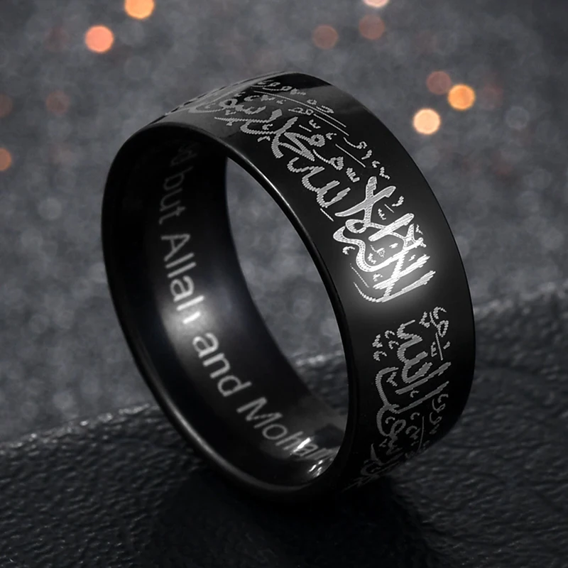 Trendy 8mm Arabic Islamic Scripture Rings Stainless Steel Religious Muslim Prayer Band Ring For Men Woman Party Birthday Gifts