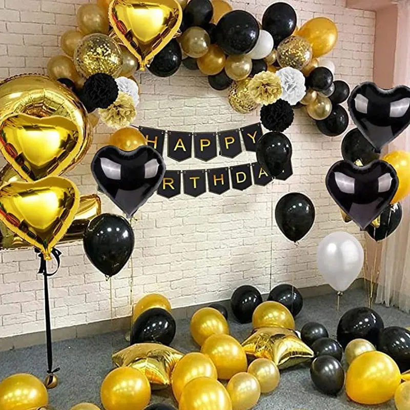 46Pcs/set Golden Black Round Latex Balloon Fish Tail Happy Birthday Hanging Flag Foil Balloon Gift Birthday Party Decoration