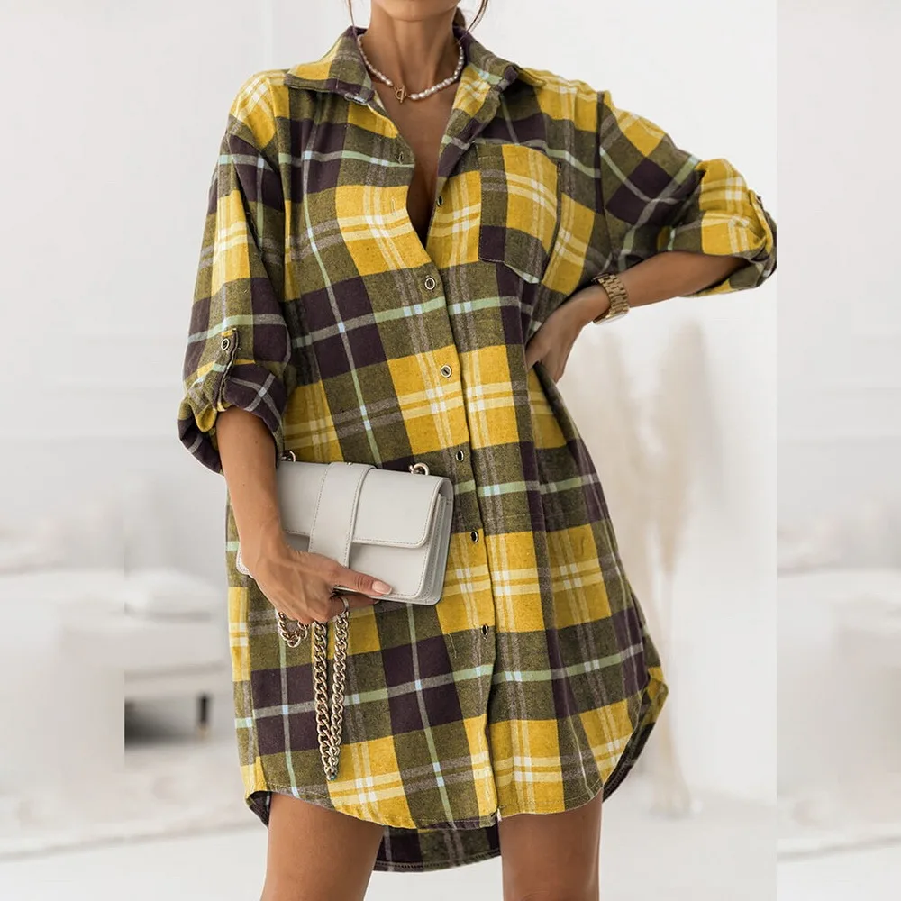 Long Shirt Dress Women Blouse Oversized Button Plaid Shirt Flannel Shirt for Women Casual Fashion Tops Blouse 2022