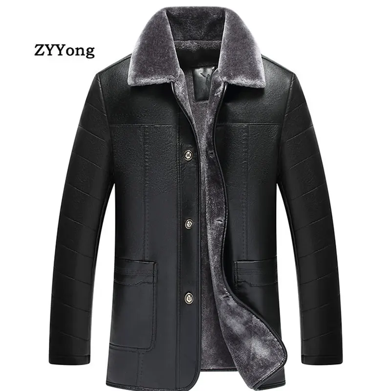 

Winter Black Fleece Leather Jacket Men Parka Coat Overcoat Plus Velvet Warm PU Fur Collar Business Brown Windbreaker Outwear