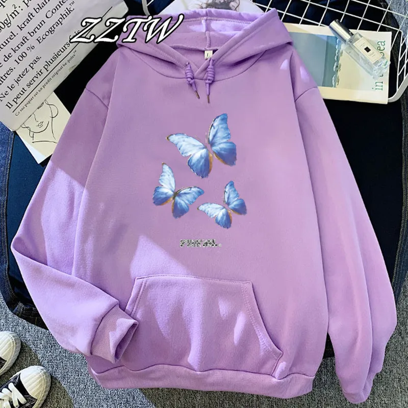 Sudadera con capucha de estilo Harajuku coreano y japonés para mujer, suéter con estampado de mariposas y dibujos animados Kawaii, novedad de otoño e invierno