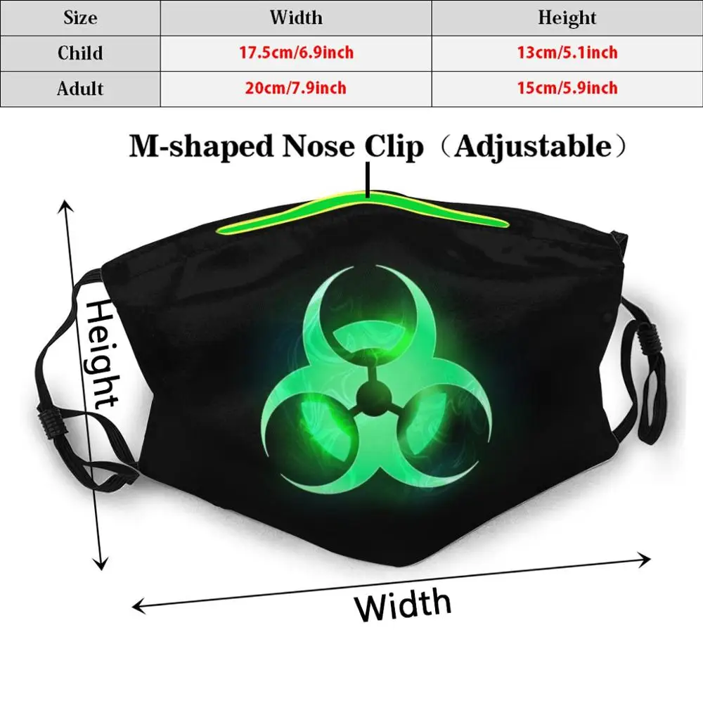 สีเขียว Biohazard Symbol Funny พิมพ์ Reusable Pm2.590กรองหน้ากากปิดหน้า Biohazard สัญลักษณ์สีเขียวสีดำเรืองแสงพื้นหลัง