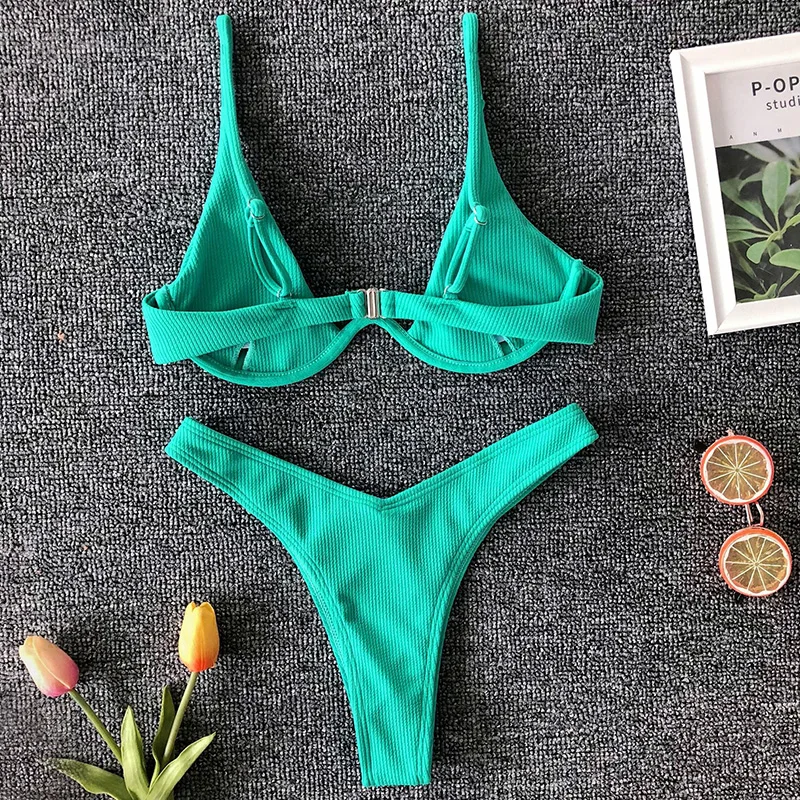 Sexy Neon V-bar Underwired Bikini Female Ribbed Swimsuit Women Thong Swimwear Two-pieces Bikini set Push up Bathing Suit