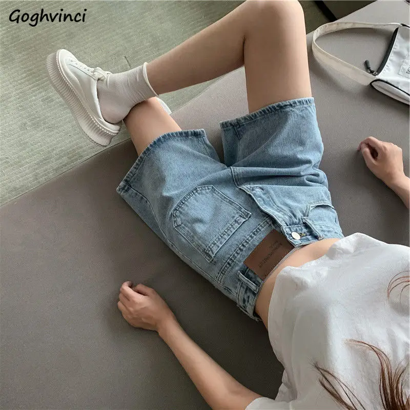 Pantaloncini di jeans Donna Blu Semplice Lunghezza al ginocchio Estate Casual Pantaloni tutto-fiammifero Studenti Streetwear Allentato A-line a vita alta Harajuku