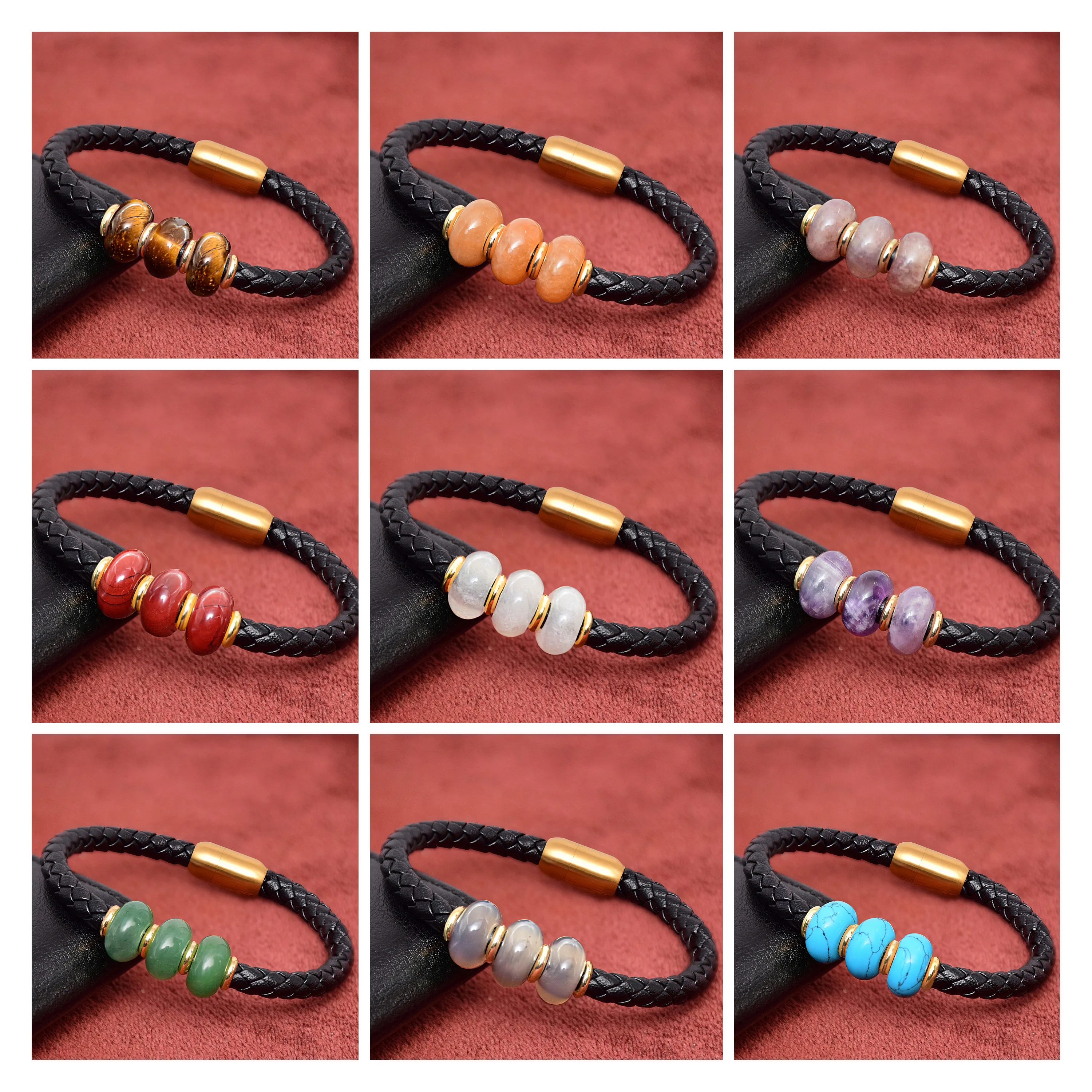 Punk Genuine Leather Men Bracelet 2020 Charms Natural Stone Beads Bracelet Mens Stainless Steel Jewelry Friends Gift