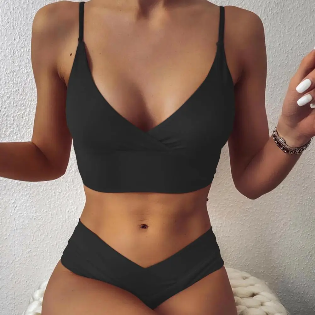 Summer Women Swimsuit High Waist Front Cross Two-piece Sexy Bathing Suit Solid Color Deep V Spaghetti Strap Bikini Set for Beach