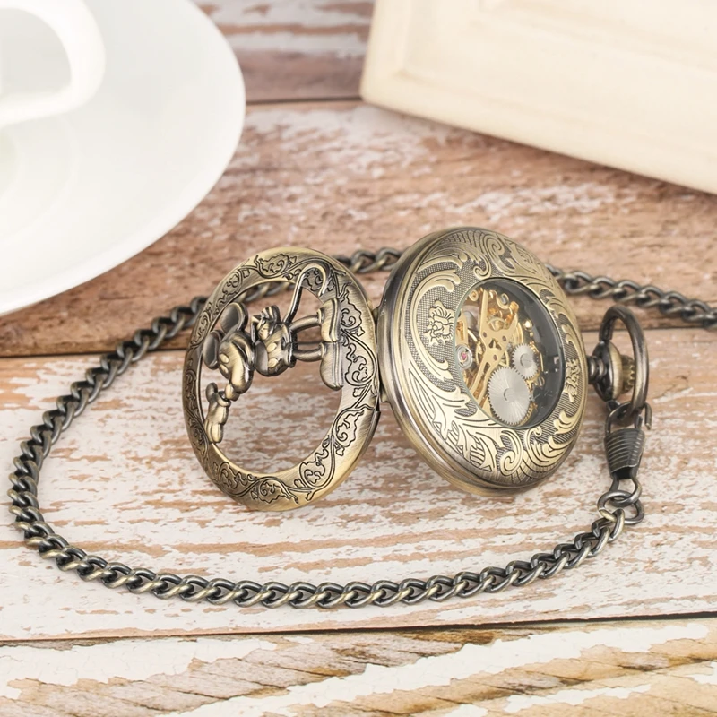 Reloj de bolsillo mecánico con diseño de ratón de bronce, pulsera con cadena gruesa de aleación, cuerda manual, números romanos, esfera de Animal, regalo