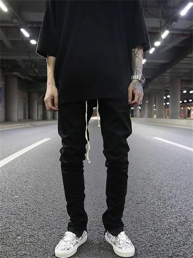 

Men's Small Pants Spring And Autumn New Drawstring Extension Black Versatile Zipper Slim Stretch High Street Fashion Small Pants