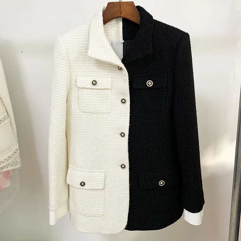 Spring Autumn runways women's tweed coat Hot Fashion black/white patchwork blazer jackets A105