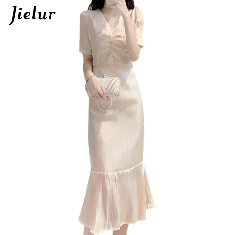 Jielur จีบ V คอกระโปรง Edge Fishtail ชุดหญิงเกาหลีสไตล์สีทึบ Midi สำหรับผู้หญิง Skinny Bodycon Dress