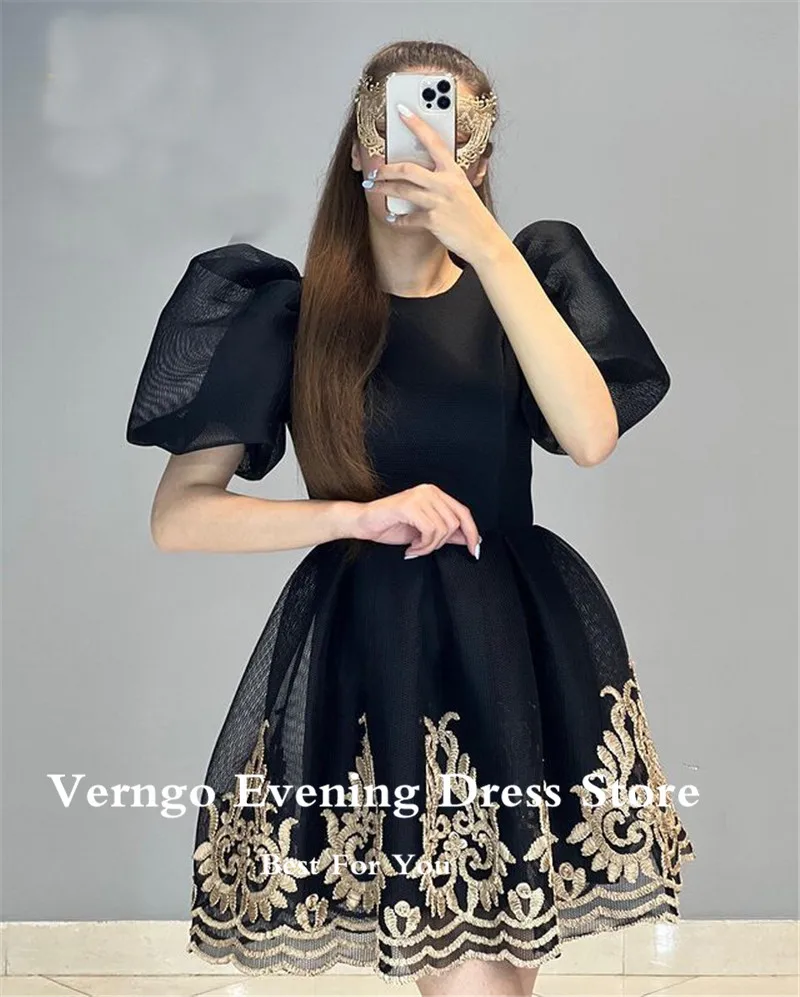 Verngo Black/Red Short Prom Dresses Modest O-Neck Short Sleeves Gold Lace Applique Mini Party Dress Women 2022 Cocktail Dress