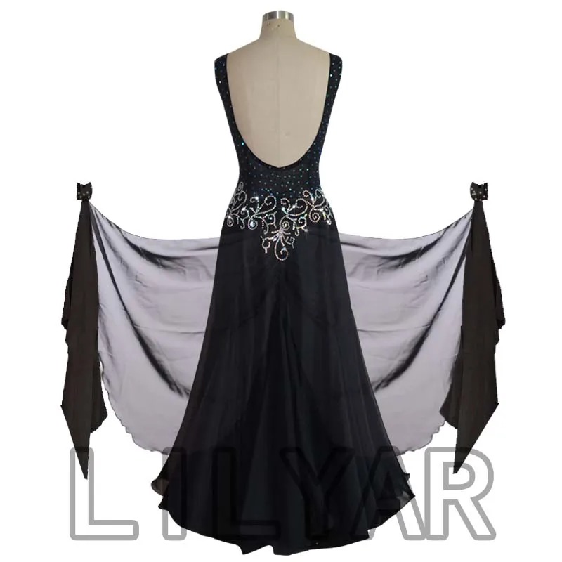 Ballroom Dance Standard Skirt Competition Costumes Performing Dress Customize New Arrival Adult Kids Deep V-neck Bla