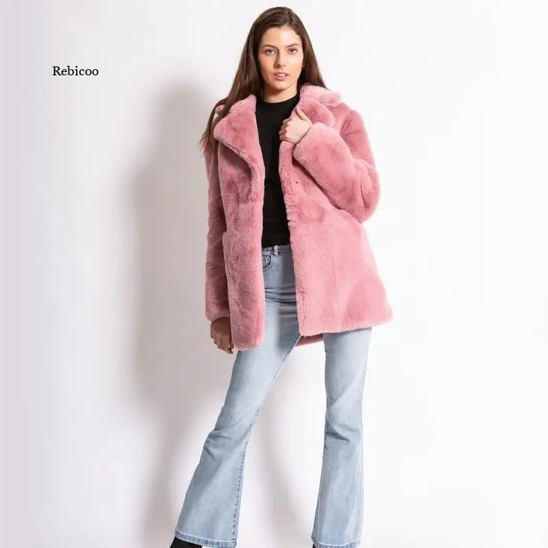 Зимнее женское высококачественное пальто из искусственного кроличьего меха, роскошное длинное меховое пальто, пальто с лацканами, толстые теплые Искусственные женские плюшевые пальто