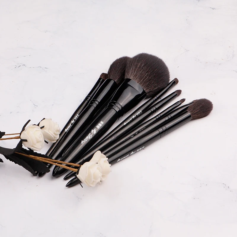 MyDestiny- Black Pearlized Makeup Brush Set 10 Pcs Natural Animal Hair Brush  Include Eyeshadow Brush Powder Brush Lip Brush