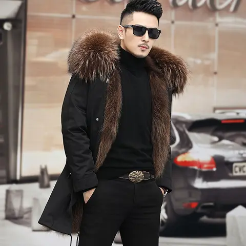 Men's Real Fur Coat Winter Jacket 2025 Long Parka Waterproof with Natural Raccoon Fur Collar Hood Thick Warm