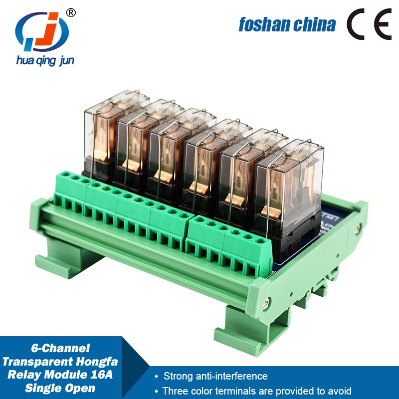 Huaqingjun 6-Channel Transparent Hongfa 16A Single Open Relay Module 24VDC Electromagnetic Relay for Parking System