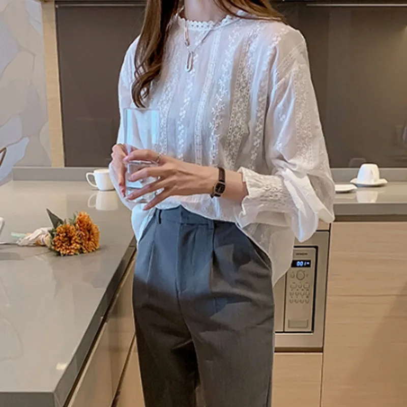 Spring Women Loose White Chiffon Blouses Female Long Sleeve Lace Tops Feminina Blusas Mujer De Moda 4XL Shirt