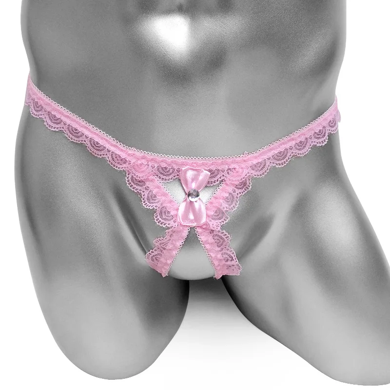 Sexy Mens Thong Penis Cockring Lace Sissy Panties Lingerie Underwear T back With Bowknot Jockstrap Crotchless Open Butt Bikini