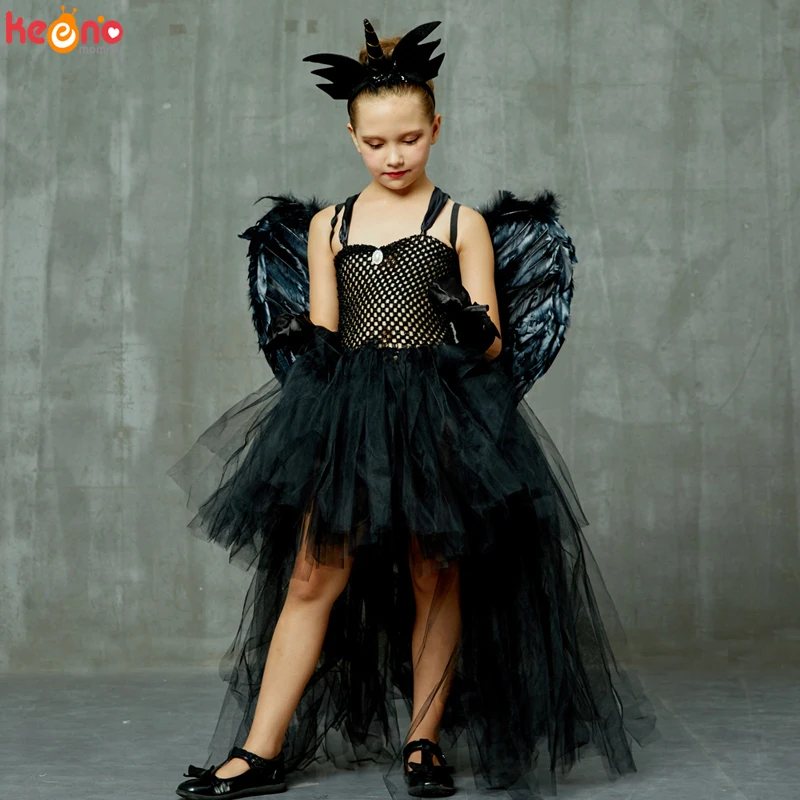 Halloween Black Devil Unicorn Dress High-Low Style Handmade Girls Tutu Dress Kids Fallen Dark Angel Fancy Party Carnival Costume