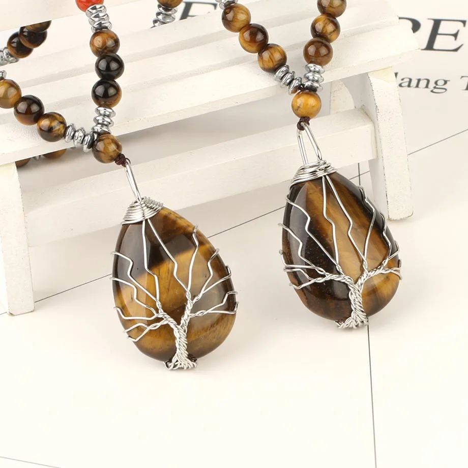 CSJA Natural Stones Beaded Tiger Eye Necklaces for Men Tree of Life Pendants Mala Yoga Beads 7 Chakra Reiki Female Jewelry S469