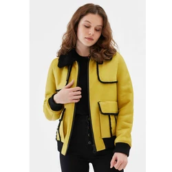 Chaqueta de borreguito amarillo para mujer, abrigo de piel de pavo informal, prendas de vestir cortas a la moda, abrigos más cálidos de invierno, novedad de 2019