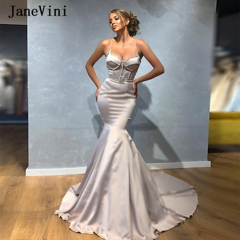 JaneVini-Vestidos de Noche largos de sirena para mujer, Sexy, árabe, sin tirantes, brillantes, con cuentas, sin mangas, satén, tren Formal, 2020