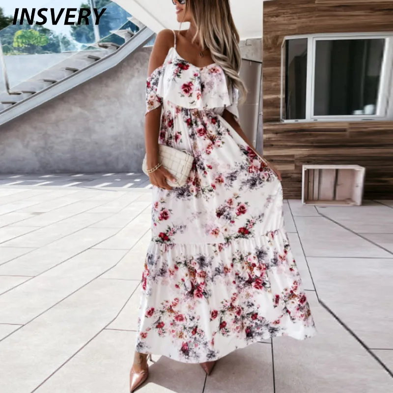 Summer Sexy Dress Women Off Shouler Flower Print Long Dress Boho Short Sleeve Maxi Dresses For Women Party Dress 2021