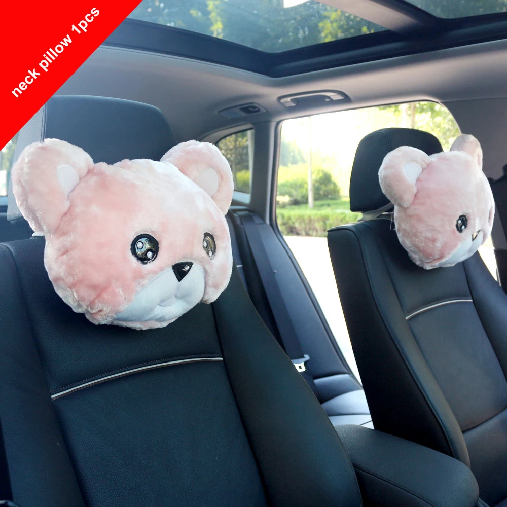 Winter Plush Pink Car Interior Decoration Accessories Set Headrest Pillow Steering Wheel Cover Gear Handbrake Cover Seat Cushion