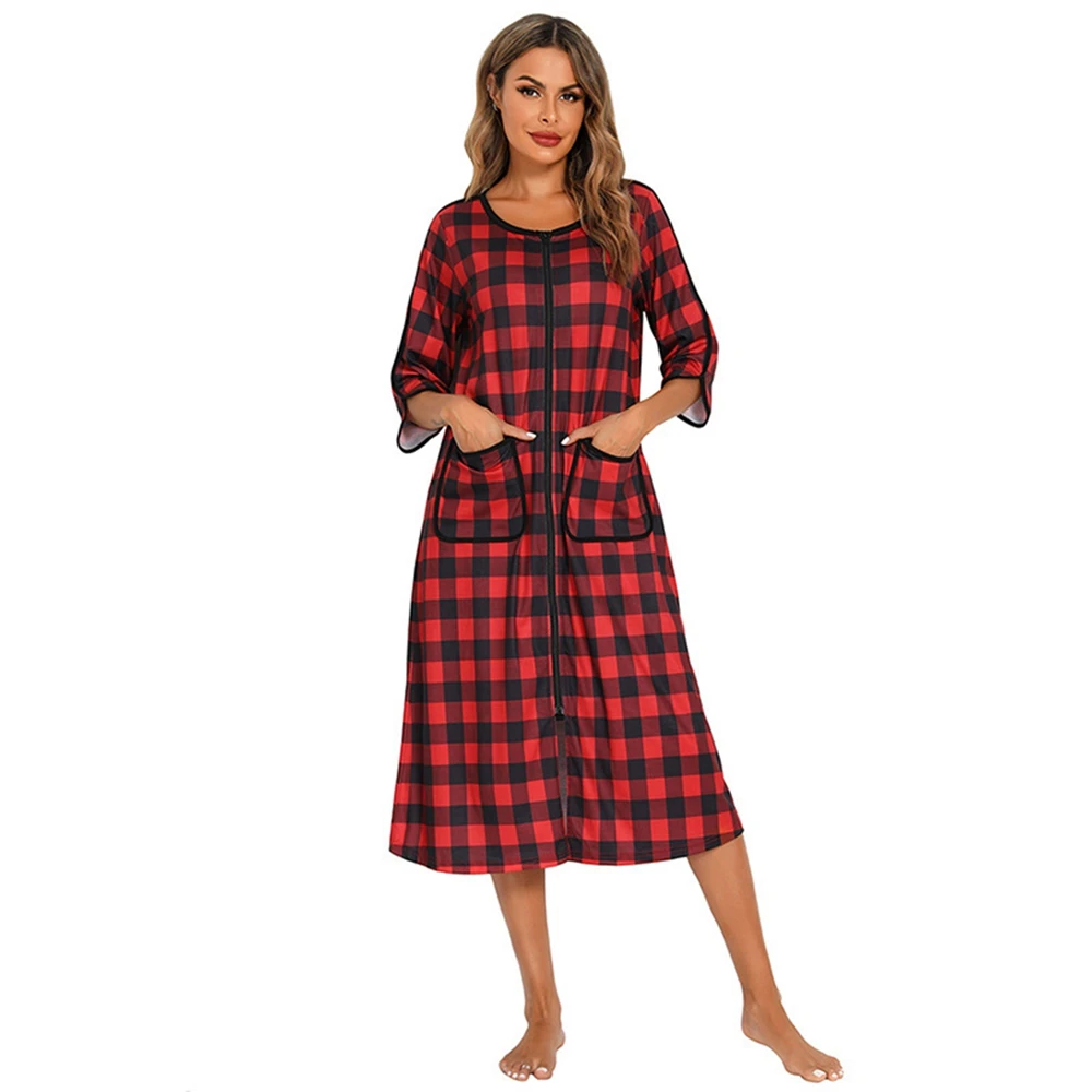 Women Autumn Plaid Zipper Front Robes Long Sleepwear Soft  Nightgown Warm Loungewear Maternity Bathrobe Pajamas