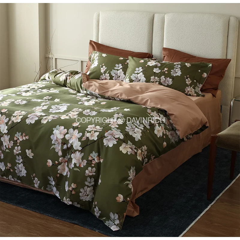 DAVINRICH Japanese Style Bedding Set Yellow Green Sakura Floral Print Ultra Soft 60s Long Staple Cotton Queen Duvet Cover Set